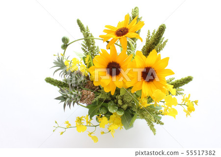 Arrangement of sunflower and mini pine, amaranth, sparrows and onsidium (horizontal) 55517382