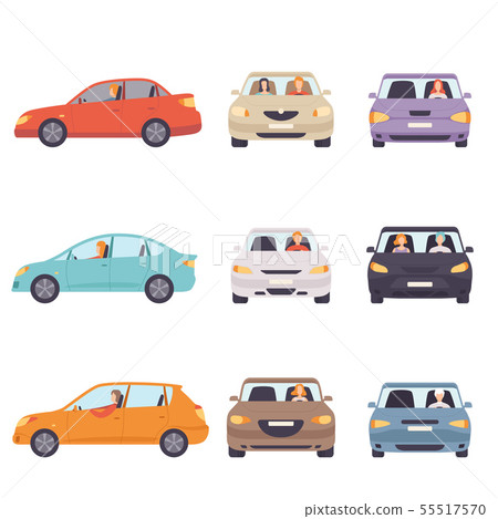 Cars with Drivers Set, Side and Front View Flat Vector Illustration Cars with Drivers Set, Side and Front View Flat Vector Illustration 55517570