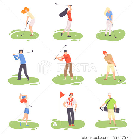 People Playing Golf Set, Male and Female Golfer Players Training with Golf Clubs on Course with 55517581