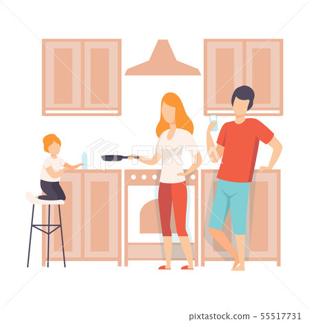 Family Cooking Food In The Kitchen Together, Parents and Their Son in Everyday Life at Home Vector 55517731