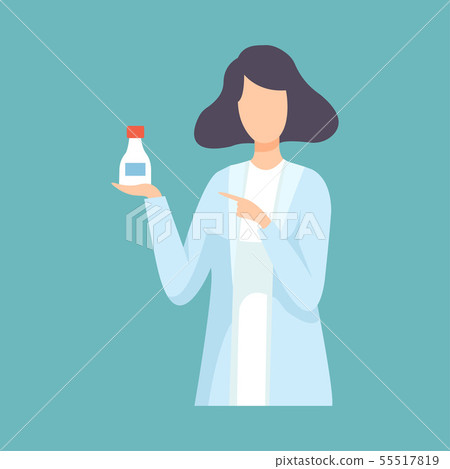 Female Pharmacist Doctor Holding Medicine Bottle, Professional Medical Worker Character in White Lab Female Pharmacist Doctor Holding Medicine Bottle, Professional Medical Worker Character in White Lab 55517819