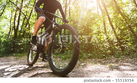 Cropped image of cyclist riding bike in the forest Cropped image of cyclist riding bike in the forest 55519354