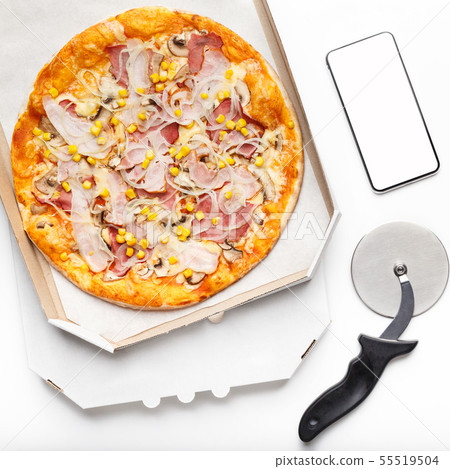 Food delivery. Pizza in cardboard box, top view 55519504