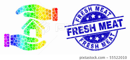Vector Bright Dotted Hands Care Home Icon and Scratched Fresh Meat Stamp 55522010