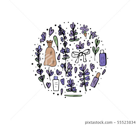 Lavender set composition in doodle style. 55523834