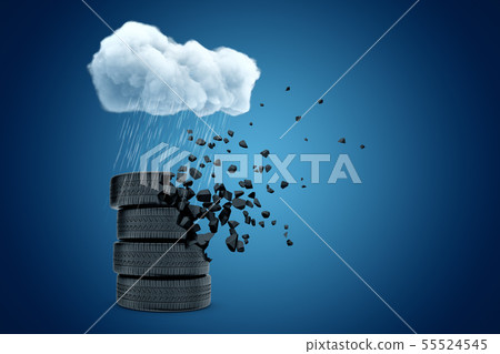 3d rendering of stack of tyres standing under white raining cloud on blue copyspace background. 3d rendering of stack of tyres standing under white raining cloud on blue copyspace background. 55524545