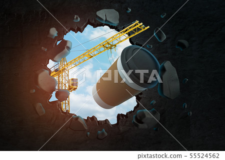 3d rendering of hoisting crane carrying brown coffee paper cup and breaking black wall leaving hole 3d rendering of hoisting crane carrying brown coffee paper cup and breaking black wall leaving hole 55524562