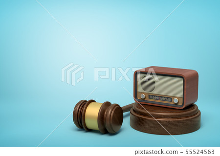 3d rendering of retro radio set on sounding block with brown gavel lying beside on light-blue 3d rendering of retro radio set on sounding block with brown gavel lying beside on light-blue 55524563