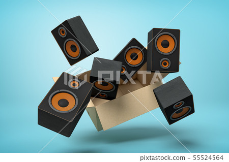 3d rendering of cardboard box in air full of black audio speakers which are flying out and floating 3d rendering of cardboard box in air full of black audio speakers which are flying out and floating 55524564