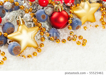 Christmas card with gold garland, stars, holly Christmas card with gold garland, stars, holly 55525461