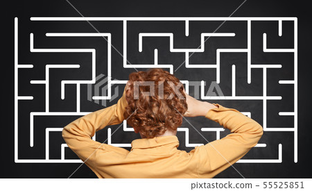 Kid looking at maze on chalkboard background Kid looking at maze on chalkboard background 55525851