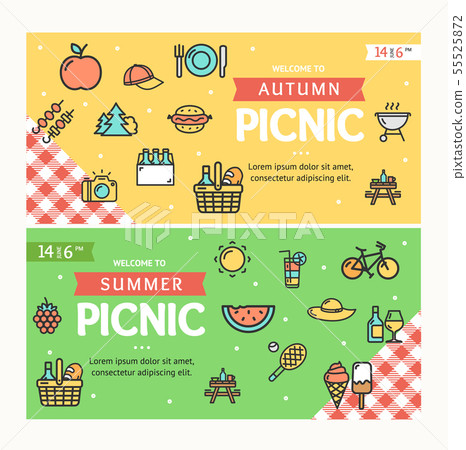 Autumn and Summer Picnic Banner Horizontal Set. Vector 55525872