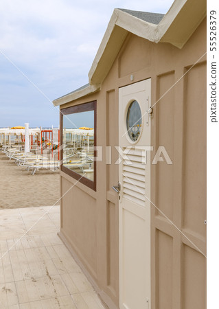 Beige beach cabin on the beach, Italy, Riccione Beige beach cabin on the beach, Italy, Riccione 55526379