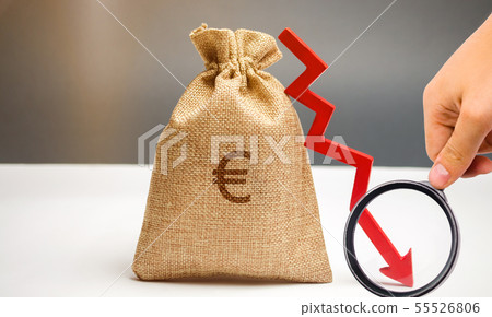 Money bag with a euro sign and an arrow down. Money bag with a euro sign and an arrow down. 55526806