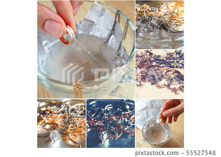 Collage with cleaning gold and silver jewelry.  55527548