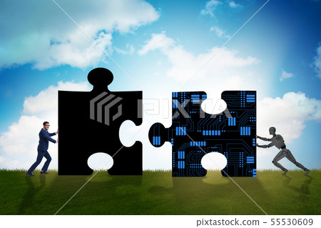Robot and human cooperating in jigsaw puzzle Robot and human cooperating in jigsaw puzzle 55530609
