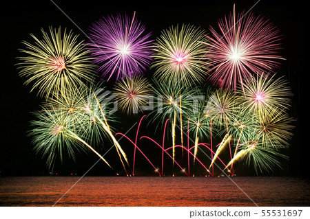 Firework celebration from the sea shore. 55531697