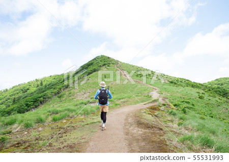 Rear view of a man climbing a mountain 55531993