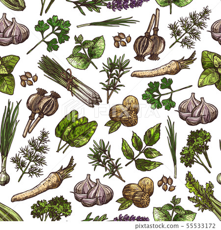 Green herbs, spices, vegetable seasonings pattern