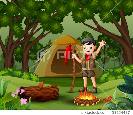 Scout boy camping out in the forest - Stock Illustration [55534487] - PIXTA