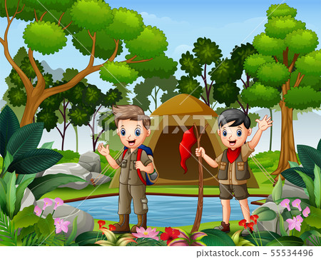 Two boys camping in the woods - Stock Illustration [55534496] - PIXTA