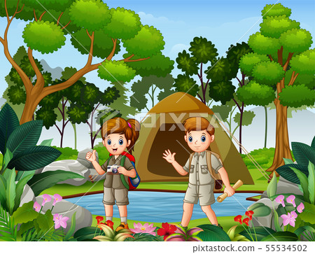 Boy and girl scout camping in nature - Stock Illustration [55534502 ...