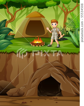 Young scout in the camping zone scene - Stock Illustration [55534508 ...