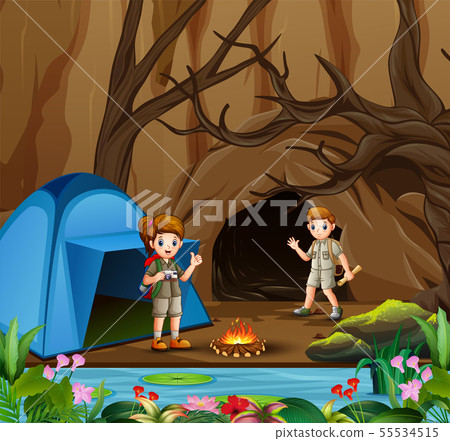 Young scout boy and girl in the camping zone scene - Stock Illustration ...