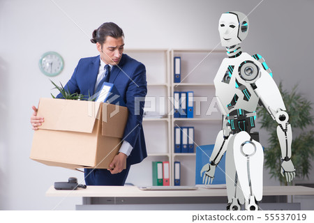Concept of robots replacing humans in offices Concept of robots replacing humans in offices 55537019