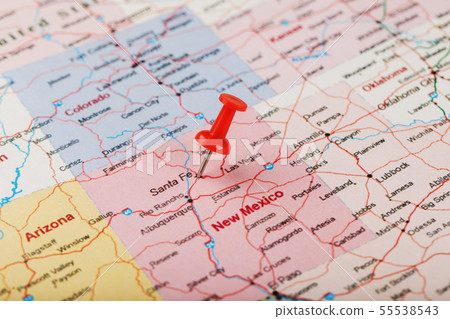 Red clerical needle on a map of USA, New Mexico Red clerical needle on a map of USA, New Mexico 55538543