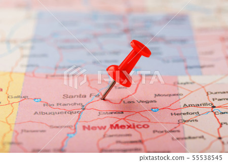 Red clerical needle on a map of USA, New Mexico Red clerical needle on a map of USA, New Mexico 55538545