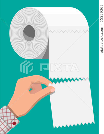 White roll of toilet paper and hand. White roll of toilet paper and hand. 55539365