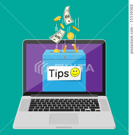 Blue tip box full of cash on laptop screen. Blue tip box full of cash on laptop screen. 55539368