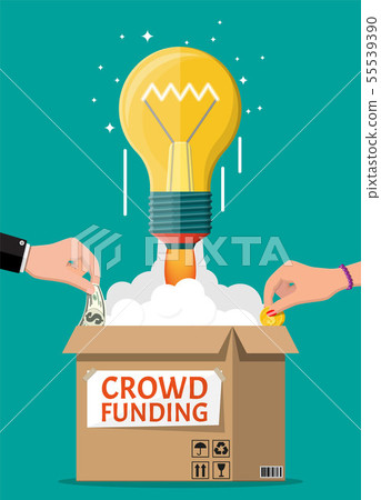 Cardboard box, bulb rocket and hands with money. 55539390