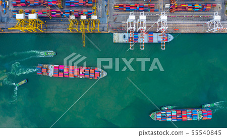 Aerial view cargo ship terminal, Unloading crane Aerial view cargo ship terminal, Unloading crane 55540845