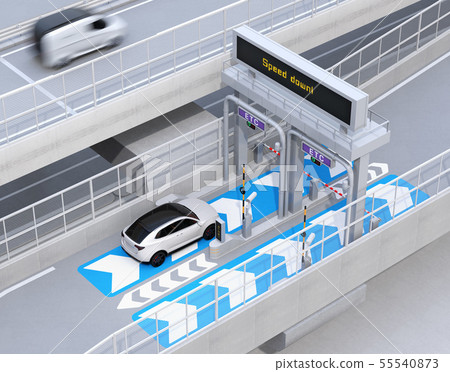 穿過高速公路ETC收費站的白色SUV的圖像。 ETC收費站概念 穿過高速公路ETC收費站的白色SUV的圖像。 ETC收費站概念 55540873