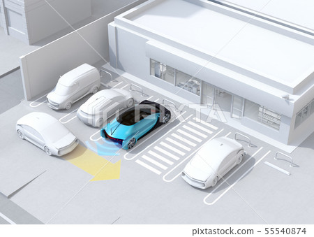 The car from the back storage detects the car entering behind and stops. Advanced driving system concept 55540874