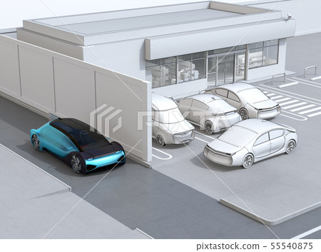 在能見度差的道路上行駛的汽車檢測到汽車離開停車場並突然停車以避免發生事故。與概述的例證 在能見度差的道路上行駛的汽車檢測到汽車離開停車場並突然停車以避免發生事故。與概述的例證 55540875