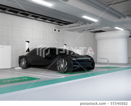 充電在地下停車場的一輛電車的圖像一個充電站 55540882