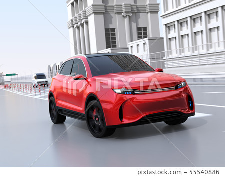 穿過ETC收費站並加入主線的紅色SUV的圖像 55540886