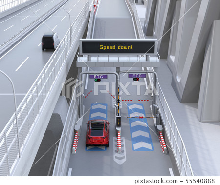 An image of a metallic red SUV passing through the highway ETC toll gate. ETC tollgate concept 55540888