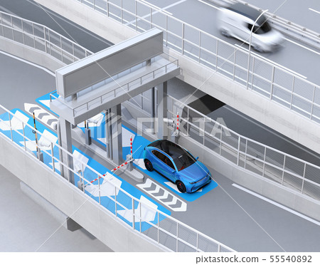 An image of a blue SUV passing through a highway ETC toll gate. ETC tollgate concept An image of a blue SUV passing through a highway ETC toll gate. ETC tollgate concept 55540892