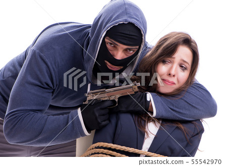 Kidnapper with tied woman isolated on white Kidnapper with tied woman isolated on white 55542970