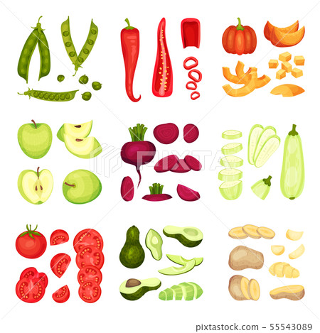 Set of whole and sliced vegetables. Vector illustration on white background. 55543089