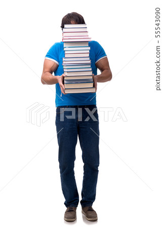 Male student with many books isolated on white 55543090