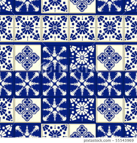 Vector tile pattern, Lisbon floral mosaic, Mediterranean seamless navy blue ornament Vector tile pattern, Lisbon floral mosaic, Mediterranean seamless navy blue ornament 55543969