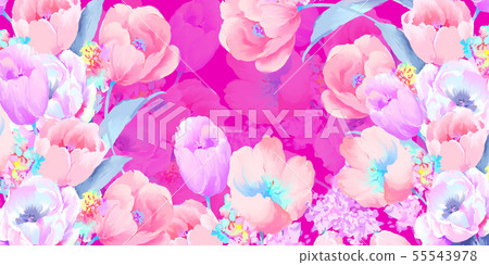 美麗優雅的水彩玫瑰和牡丹花花卉插畫 55543978