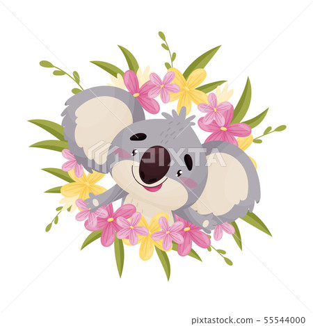 Cartoon cute koala looks out from the center of the wreath. Vector illustration on white background. Cartoon cute koala looks out from the center of the wreath. Vector illustration on white background. 55544000