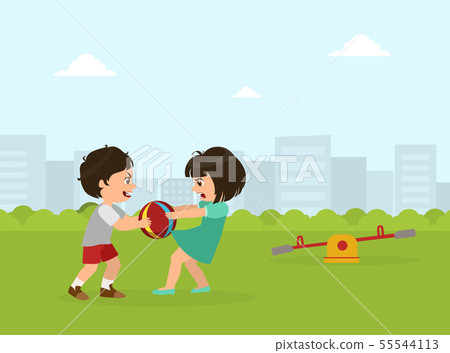 Boy and Girl Fighting for Ball, Bad Behavior, Conflict Between Kids, Vector Illustration Boy and Girl Fighting for Ball, Bad Behavior, Conflict Between Kids, Vector Illustration 55544113