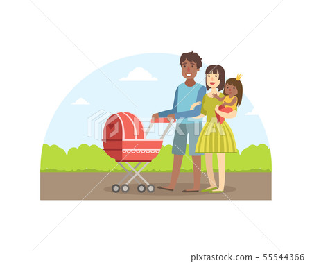 Cheerful Interracial Parents with Their Toddler Daughter and Baby Walking in Park Outdoor, Father Cheerful Interracial Parents with Their Toddler Daughter and Baby Walking in Park Outdoor, Father 55544366